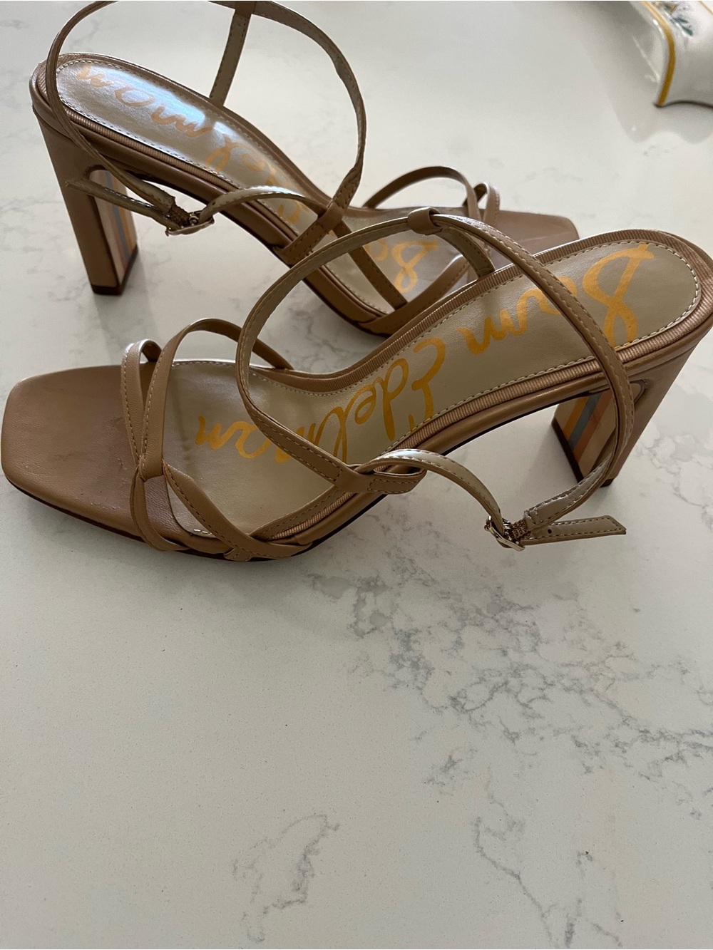 Sam Edelman Emmie Beige Strappy Block Heel Sandals - Picture 5 of 7